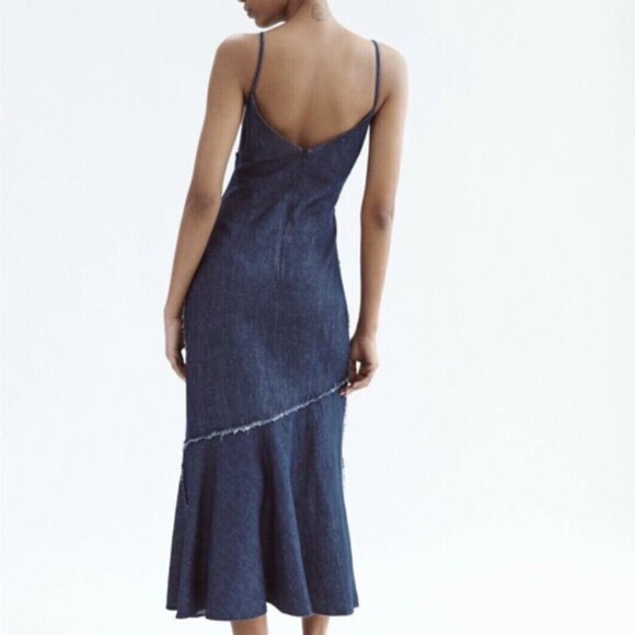 ZARA Cindy Lightweight Cotton/Linen Denim Midi Dress w Flounce Hem, Size L, NWT - Picture 3 of 7